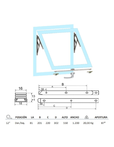 JGO.BISAGRA PROYECTANTE INOX 304 12" DER/IZQ ALTURA MAX.550mm