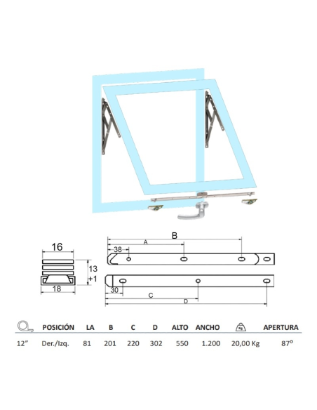 Bisagra Proyectante Inox 304 12" Derecha/Izquierda | Altura 550 mm