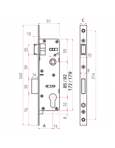 CERRADURA 1P ALUMINIO DESL. 35mm