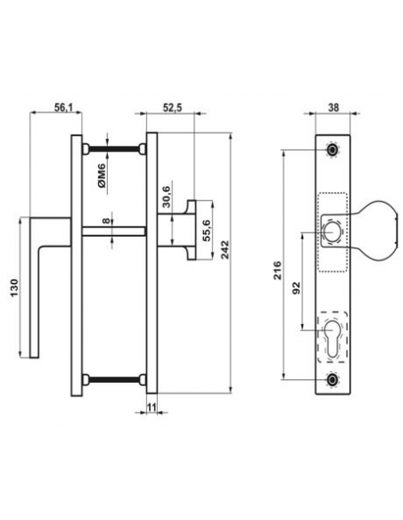 Juego Manilla Corvair Escudo y Pomo Plata 9006 Esquema Técnico