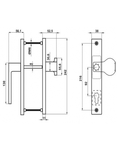 Juego Manilla Corvair Escudo y Pomo Negro 8022 Esquema Técnico