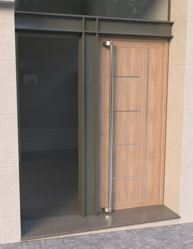 Vista del Tubo Tirador Apolo Inox Pulido Instalado en una Puerta de madera