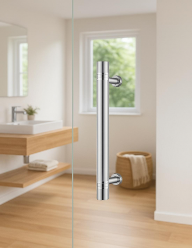 Vista Tirador Individual Vostok 450x300mm Inox Instalado en entorno residencial