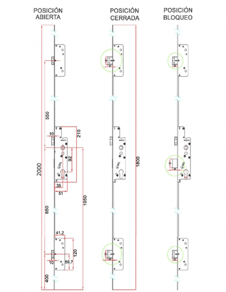 Esquema y Posiciones de Cerradura Domo Derecha 92/35nn 2000mm