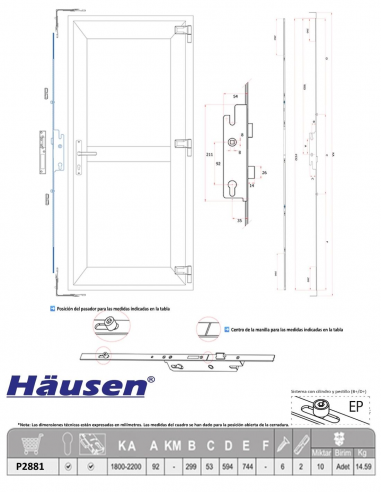Esquema Tecnico - Cerradura Con Trasmisión y accionamiento con llave 1800/92/35