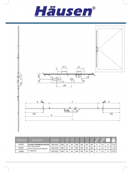 Esquema Tecnico - Cerradura Multipunto Hausen P2665