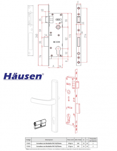 Esquema Tecnico - Cerradura con Resbalón PVC 92/25mm - 92/35mm