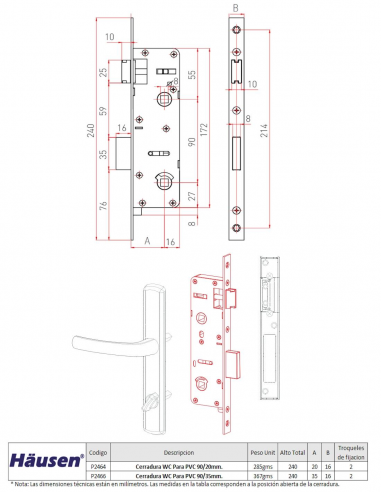 Esquema Tecnico - Cerradura WC/Bath Para PVC 90/20mm - 90/35
