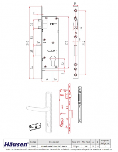 Esquema Tecnico - Cerradura con rodillo Para Puertas PVC 30mm.