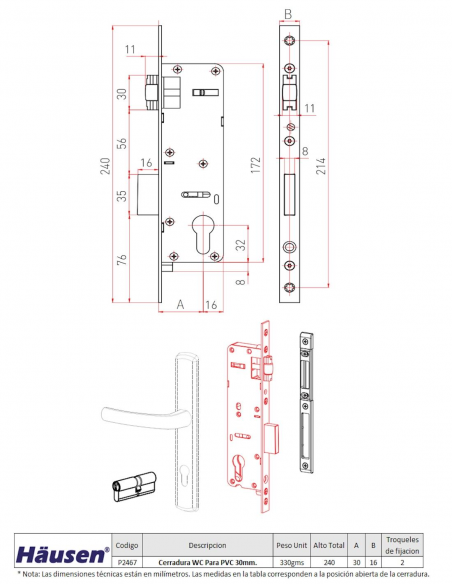 Esquema Tecnico - Cerradura con rodillo Para Puertas PVC 30mm.