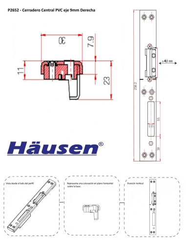 Esquema Tecnico - Cerradero Central PVC eje 9mm Derecha P2652