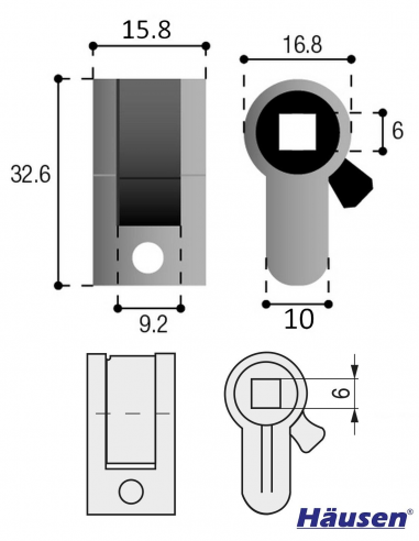 Esquema tecnico - Acople Muletilla 6mm, Leva Corta, Forma Pera