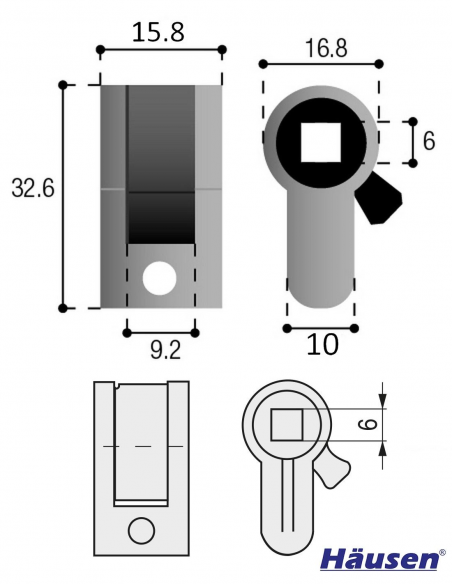 Esquema tecnico - Acople Muletilla 6mm, Leva Corta, Forma Pera