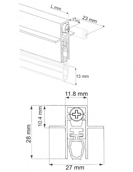 Esquema tecnico - Bajopuertas Automatico PVC 11 8mm 1000mm Esquema tecnico - Bajopuertas Automatico PVC 11 8mm 1000mm