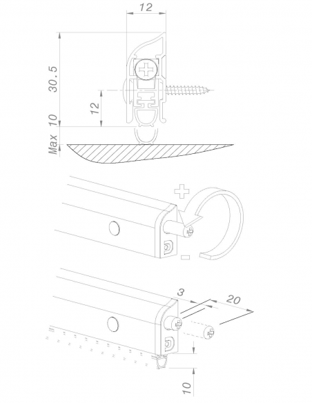 Esquema Tecnico - Bajopuertas Automático Superpuesto Blanco 900mm Esquema Tecnico - Bajopuertas Automático Superpuesto Blanco 900mm
