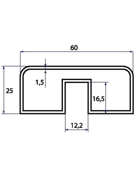 VDR PERFIL PASAMANOS RECTANGULO CANAL 12 mm. 60 x 25 PLATA BRILLANTE