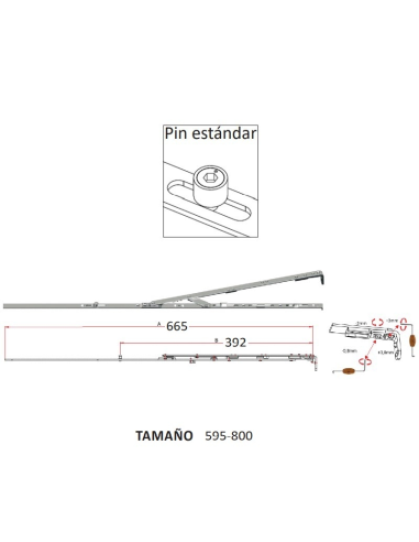Compás con Bulón Standard 595–800 mm P1102 | Seguridad Antielevación para Ventanas Oscilobatientes PVC