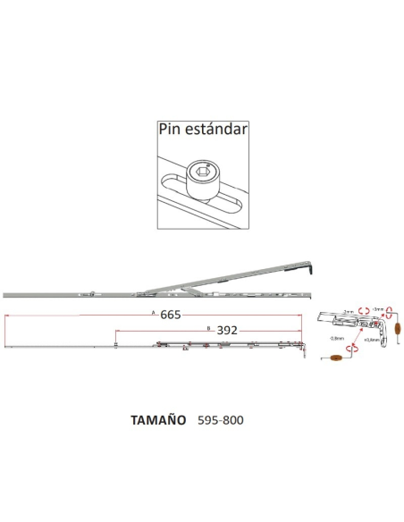 Compás con Bulón Standard 595–800 mm P1102 | Seguridad Antielevación para Ventanas Oscilobatientes PVC